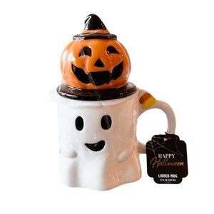 🎃 GHOST PUMPKIN Halloween Topper Mug Candy Corn NEW